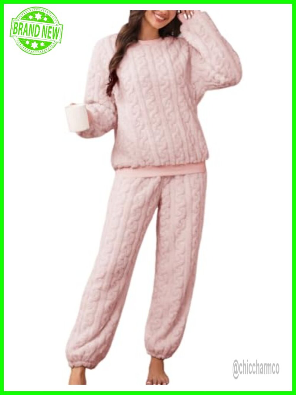 BAJAOEY Women's Fluffy Fleece Pajama Set Ribbed Pullover & Pants